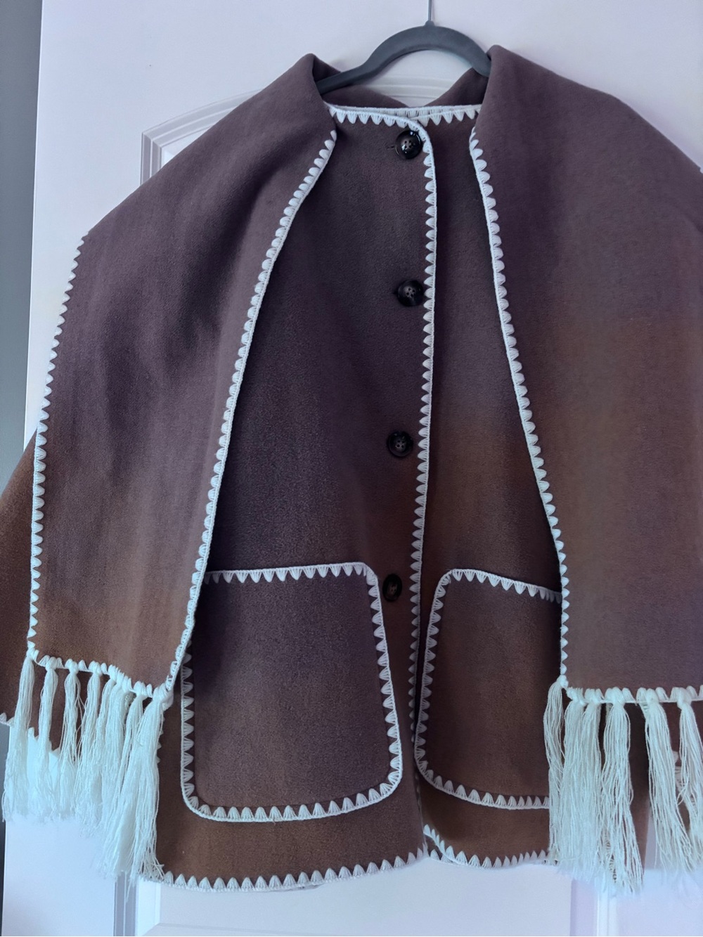 Women’s Brown Fringe Trim Cape Jacket with White Accents
